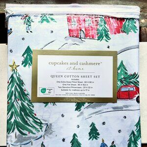 Cupcakes & Cashmere Christmas Tree Holiday ALL Cotton Sheet Set - 4pc QUEEN Size